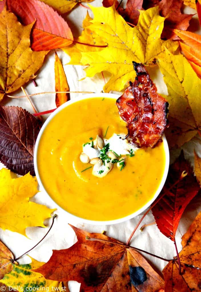 Roasted Pumpkin Soup with Maple-Candied Bacon - Del's cooking twist