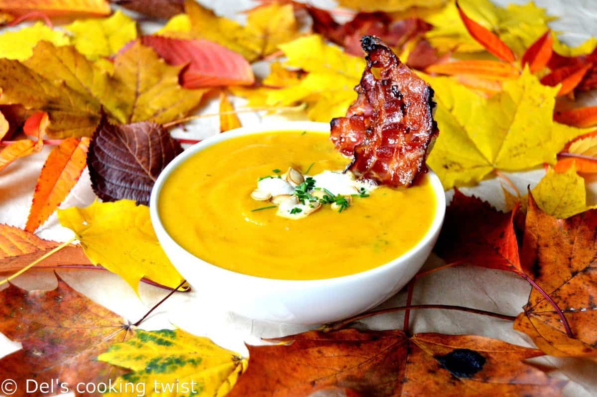 Roasted Pumpkin Soup with Maple-Candied Bacon - Del's cooking twist