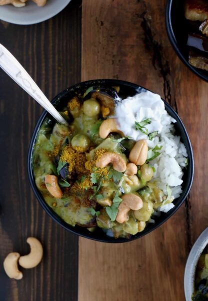 Easy eggplant chickpeas curry is a delicious, creamy, and comforting plant-based recipe. It's also naturally vegan, gluten free, and loaded with protein.