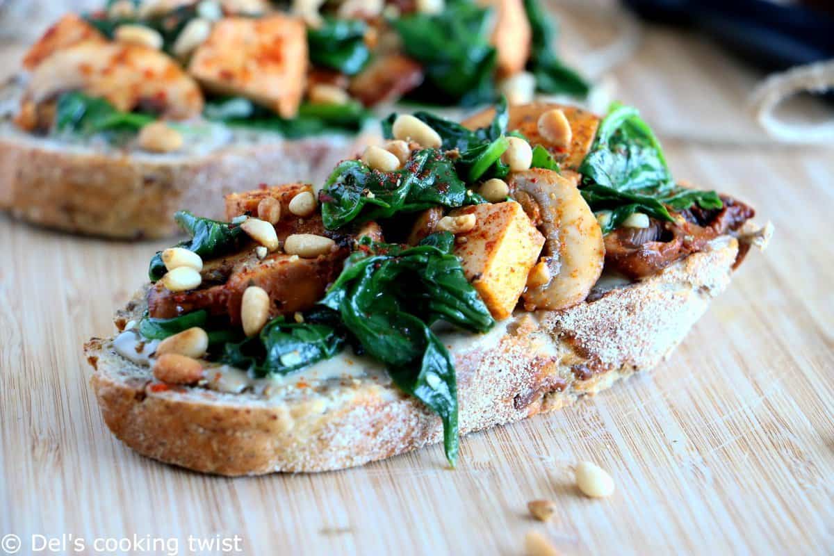 Quick Spinach & Smoked Tofu Tahini Toasts (Vegan)