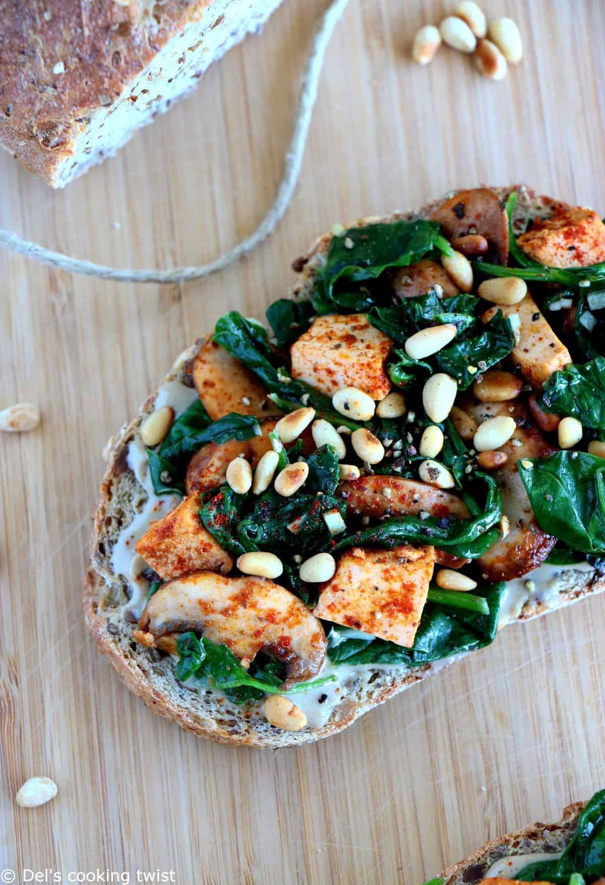 Quick Spinach & Smoked Tofu Tahini Toasts (Vegan)