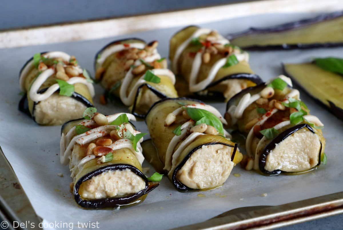 Roulés d'aubergines au houmus à l'aïl rôti