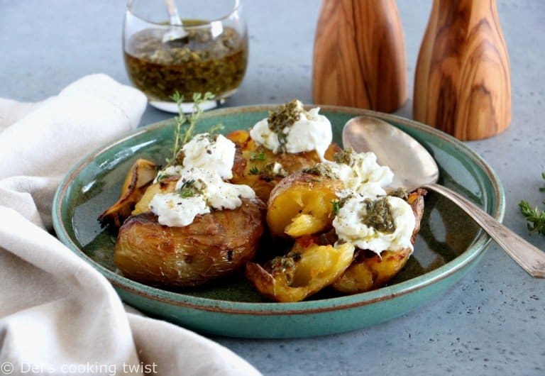 Smashed Lemony Potatoes, Burrata and Pesto - Del's cooking twist