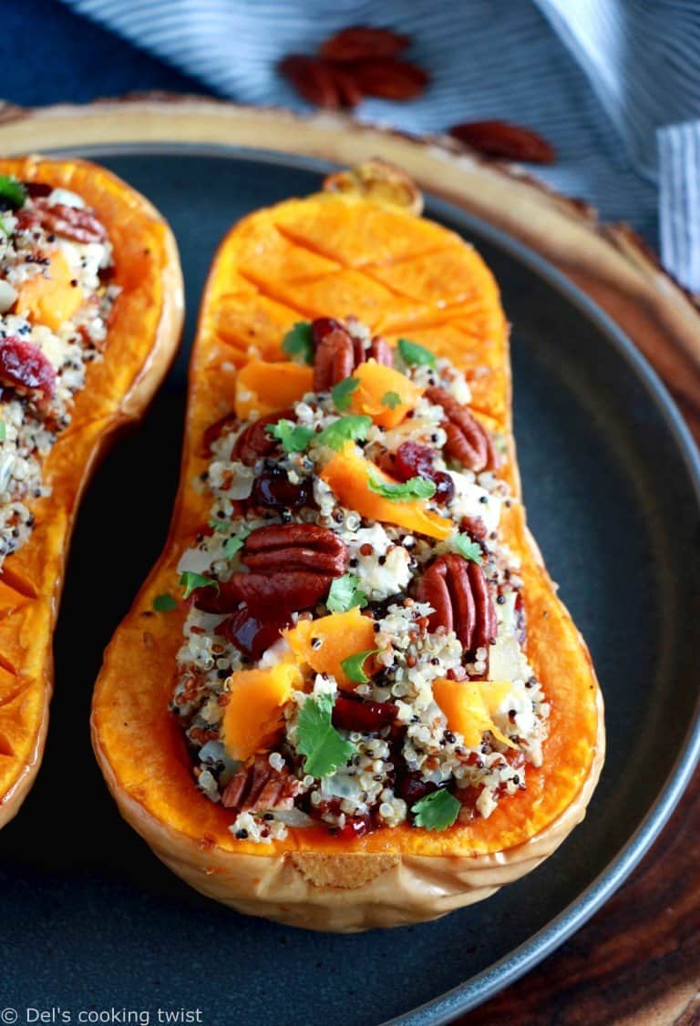 Cranberry Quinoa Stuffed Roasted Butternut Squash - Del's cooking twist