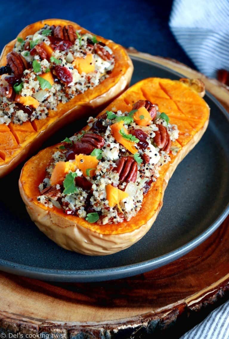 Cranberry Quinoa Stuffed Roasted Butternut Squash - Del's cooking twist