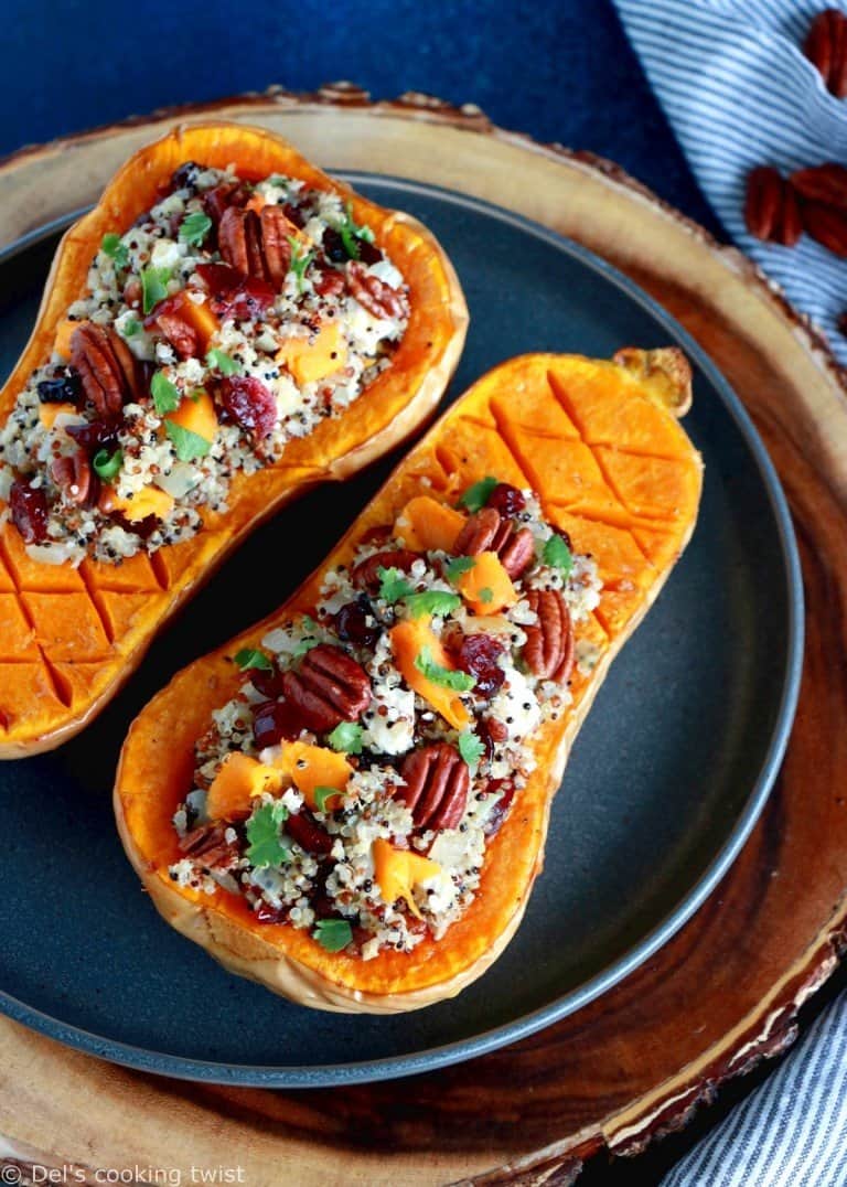 Cranberry Quinoa Stuffed Roasted Butternut Squash Del S Cooking Twist