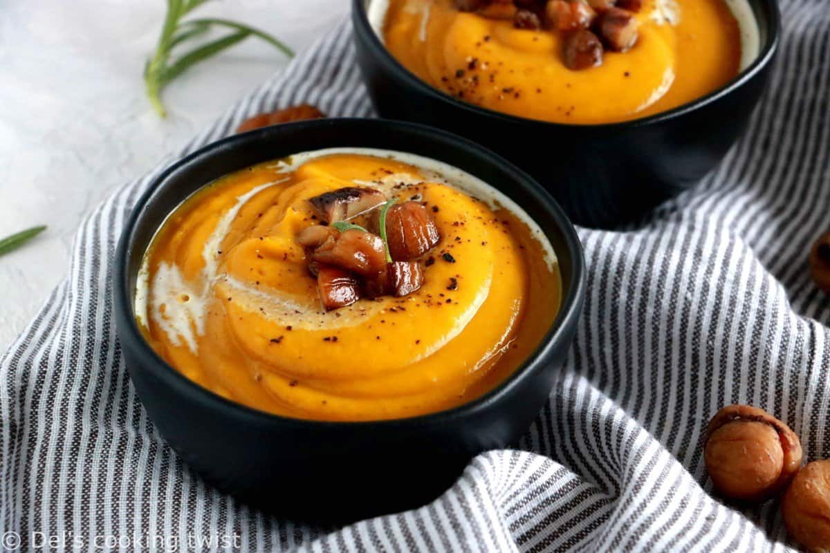 Soupe de courge butternut, châtaignes et lentilles corail