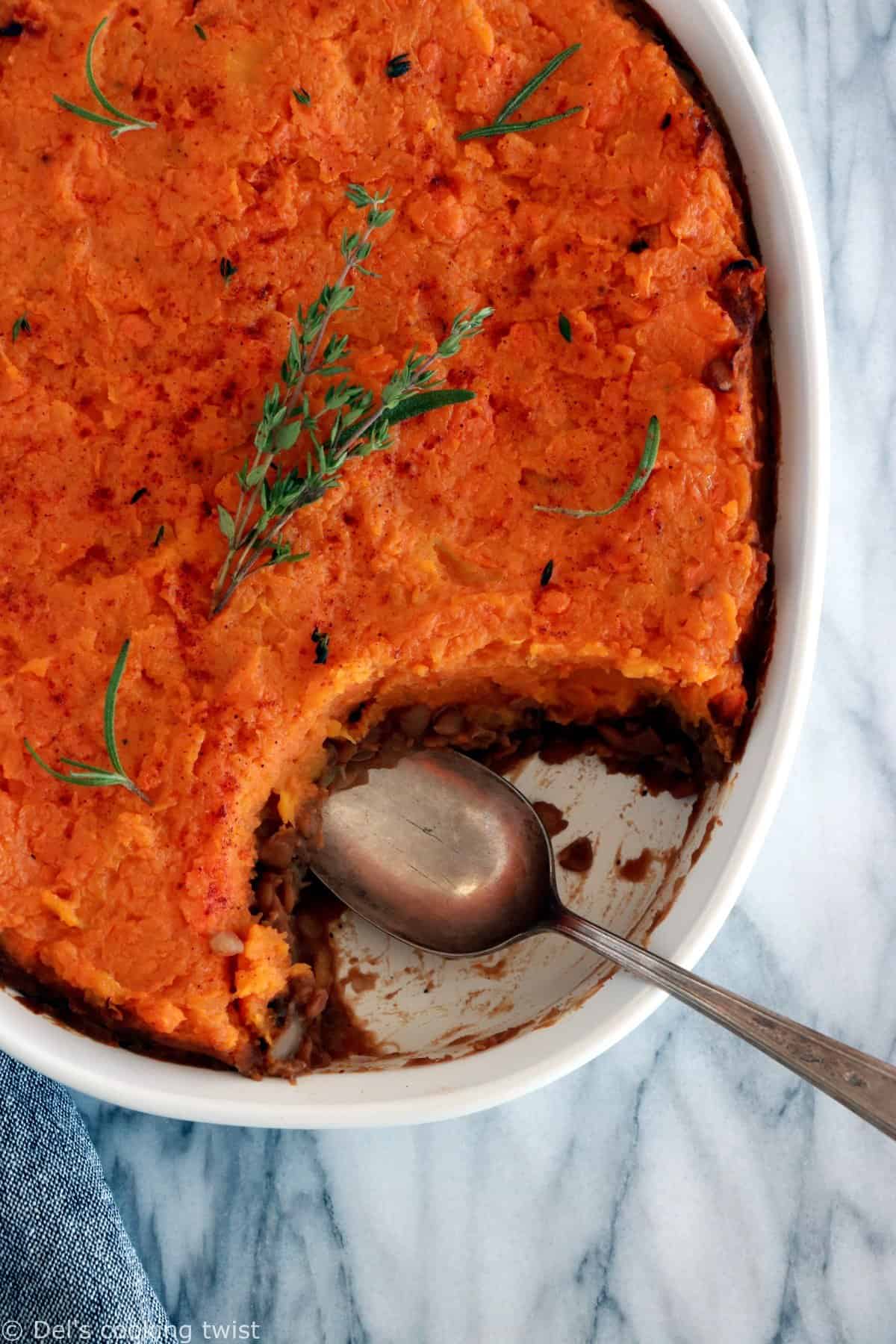 Parmentier vegan de courges et patates douces aux lentilles