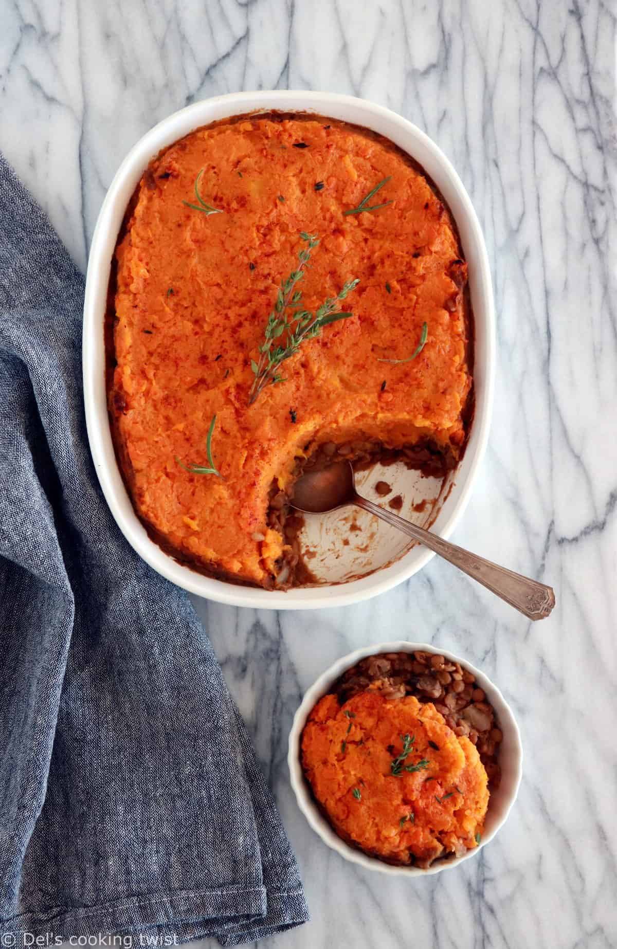 Parmentier vegan de courges et patates douces aux lentilles