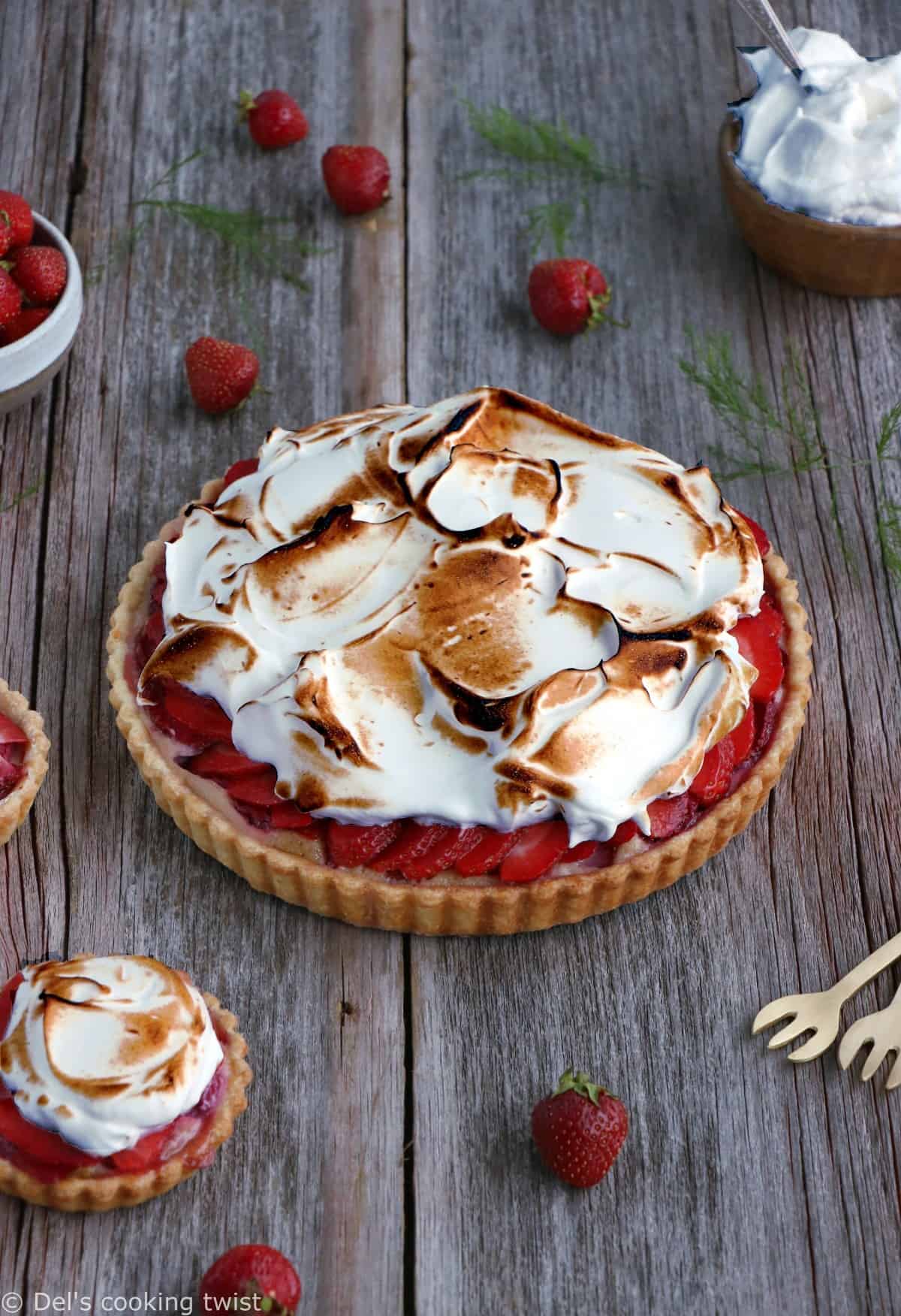 Meringue Strawberry Rhubarb Pie. Beautiful Strawberry Rhubarb Meringue Pie filled with a subtle almond cream is a perfect summer dessert with a great balance of sweetness and tartness. Simply delicious!