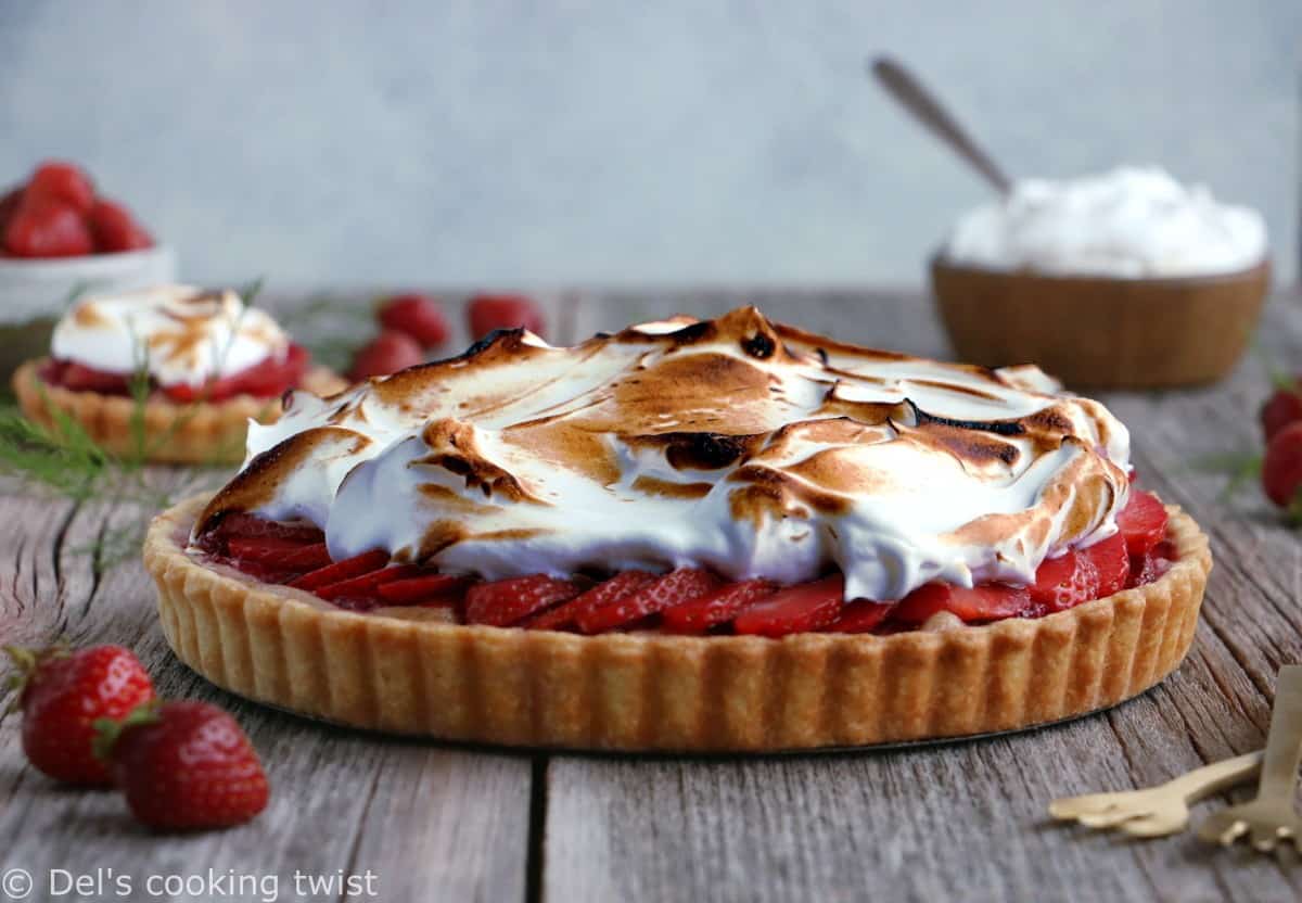 Meringue Strawberry Rhubarb Pie. Beautiful Strawberry Rhubarb Meringue Pie filled with a subtle almond cream is a perfect summer dessert with a great balance of sweetness and tartness. Simply delicious!