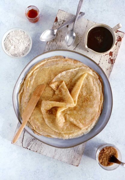 Spelt flour crepes are easy to make, with a perfect thin, light and supple texture and a mild, nutty flavor.