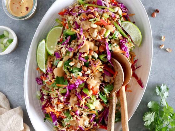 This crunchy Thai quinoa salad served with a ginger peanut butter dressing is a lovely twist to the classic Pad Thai.