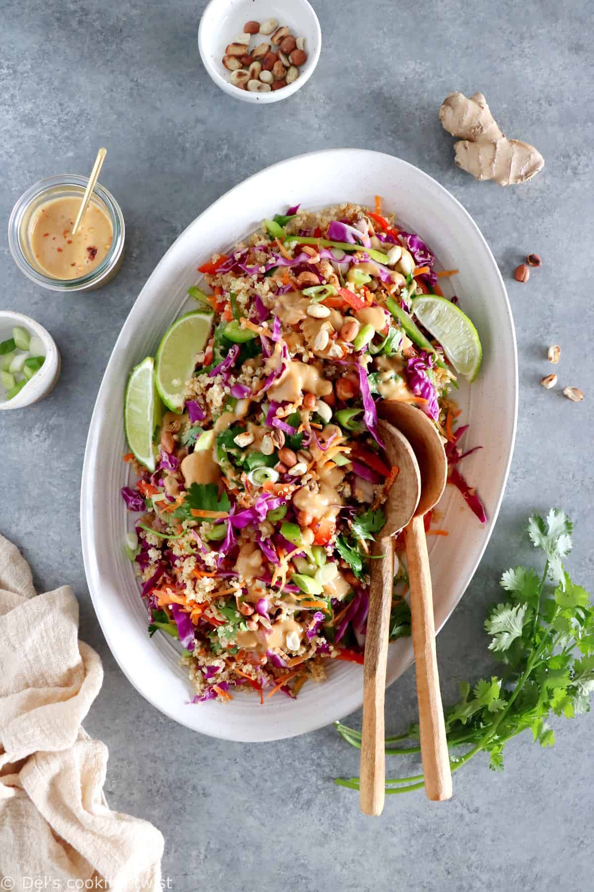 This crunchy Thai quinoa salad served with a ginger peanut butter dressing is a lovely twist to the classic Pad Thai.