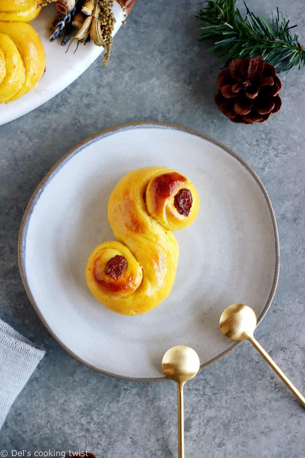 Swedish Saffron Buns "Lussekatter" (or St Lucia Buns) are an S-shape sweet bun flavored with saffron.