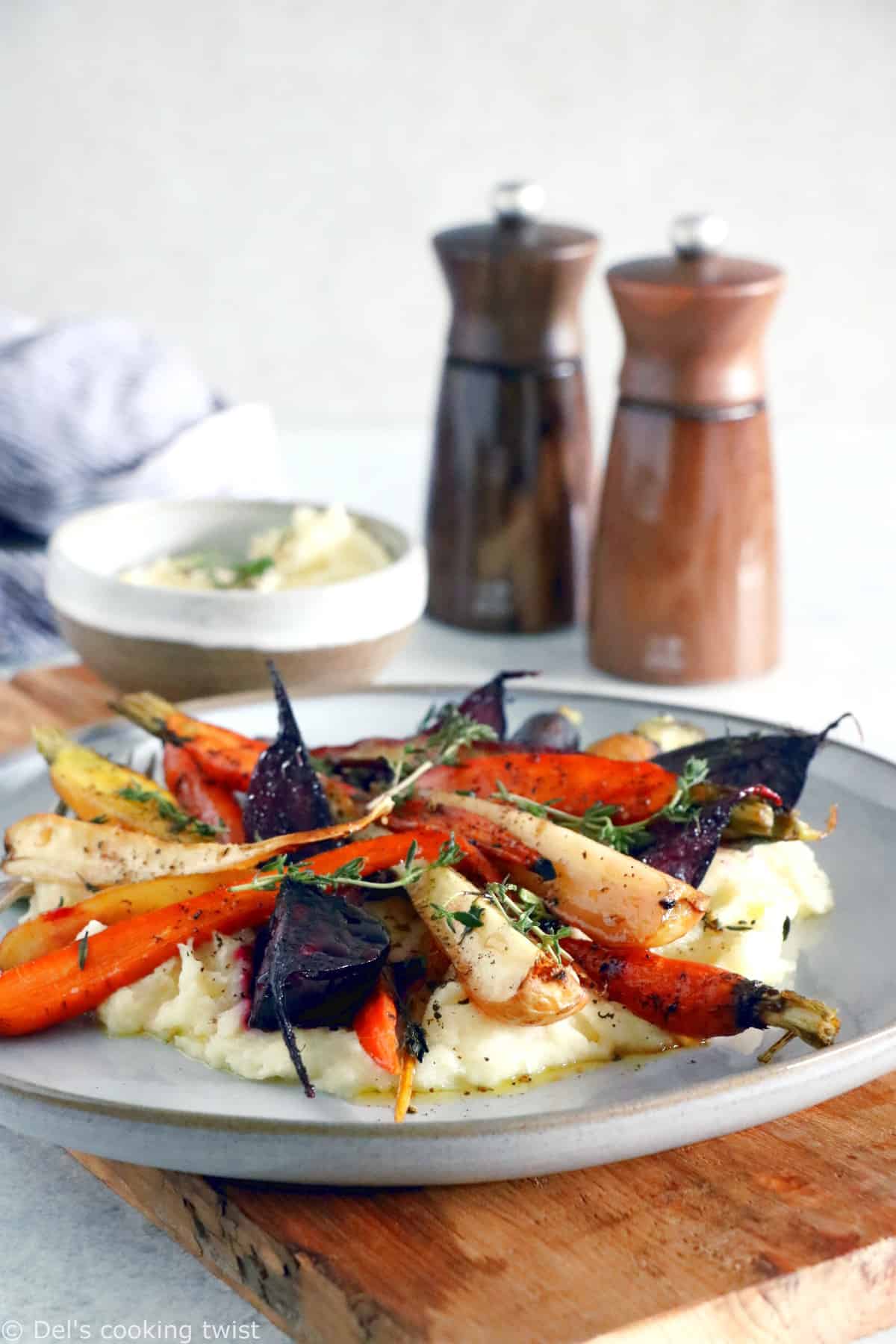 Maple roasted root vegetables with parsnip puree make an easy side dish for these chilly days out there.