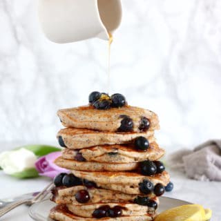 These lemon poppy seed blueberry pancakes are sugar-free, packed with fruits and prepared with whole-wheat flour.