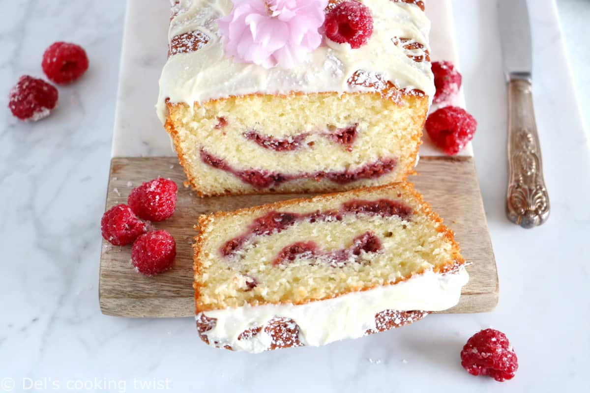 Delicious and easy to make, this white chocolate raspberry marble cake is filled with jammy raspberry swirls and topped with a generous and sweet layer of white chocolate.