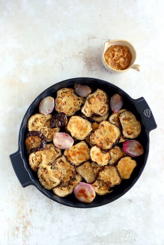 This miso eggplant tarte tatin with miso-glazed eggplant slices is inspired from the traditional Japanese nasu dengaku recipe.