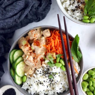 This easy spicy peanut tofu power bowl is vegan, gluten-free, high in plant-based protein and packed with good-for-you ingredients.