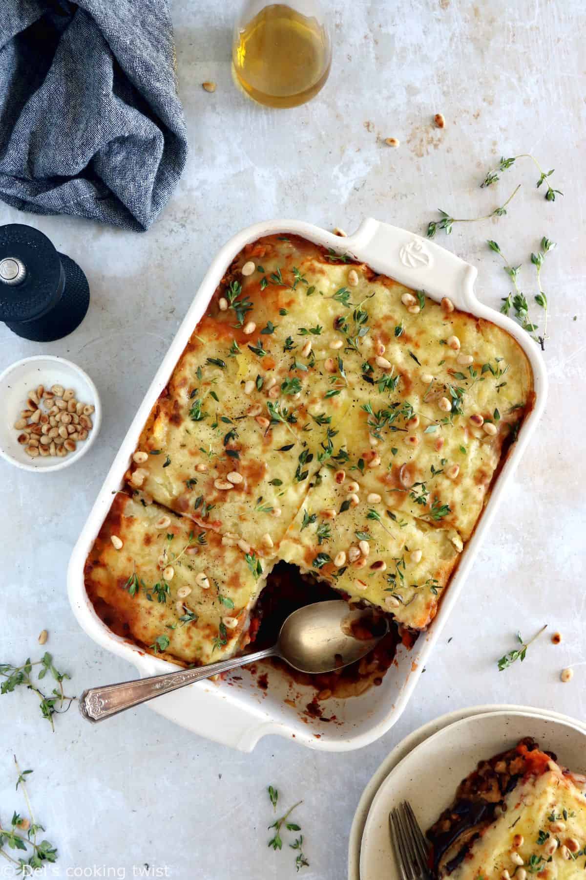 This vegetarian moussaka has some deep smoky flavors, with layers of eggplants, potatoes, spiced vegetarian meat, and a creamy bechamel sauce.