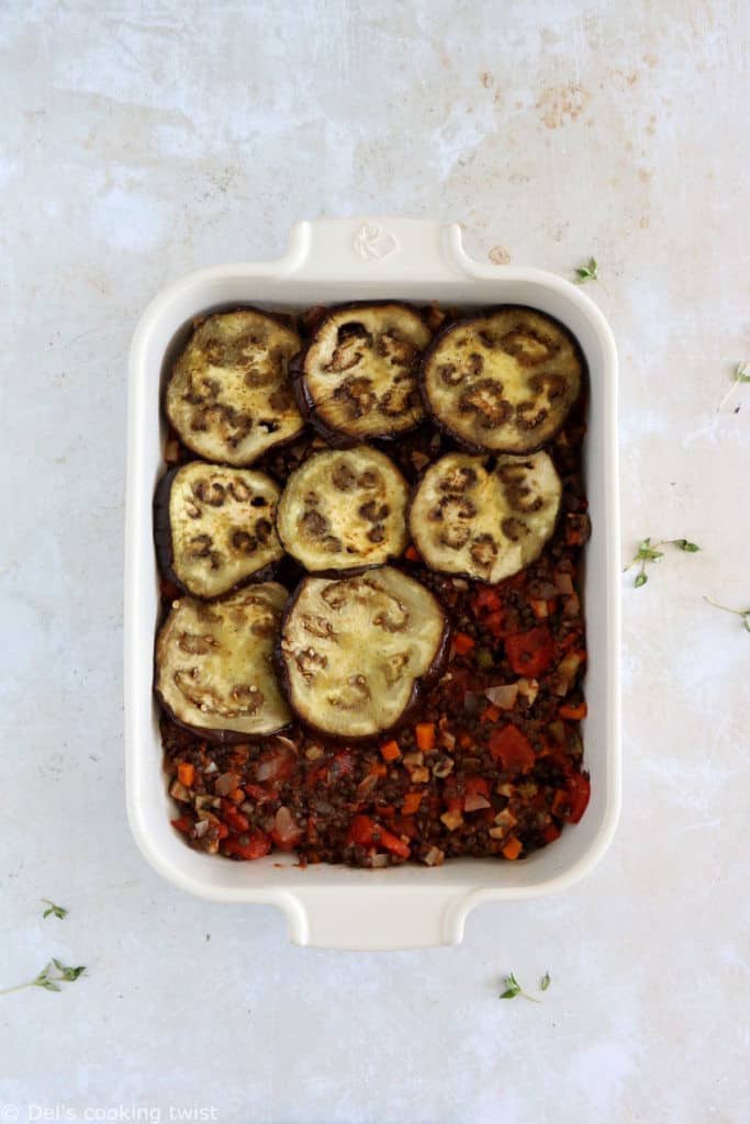 This vegetarian moussaka has some deep smoky flavors, with layers of eggplants, potatoes, spiced vegetarian meat, and a creamy bechamel sauce.