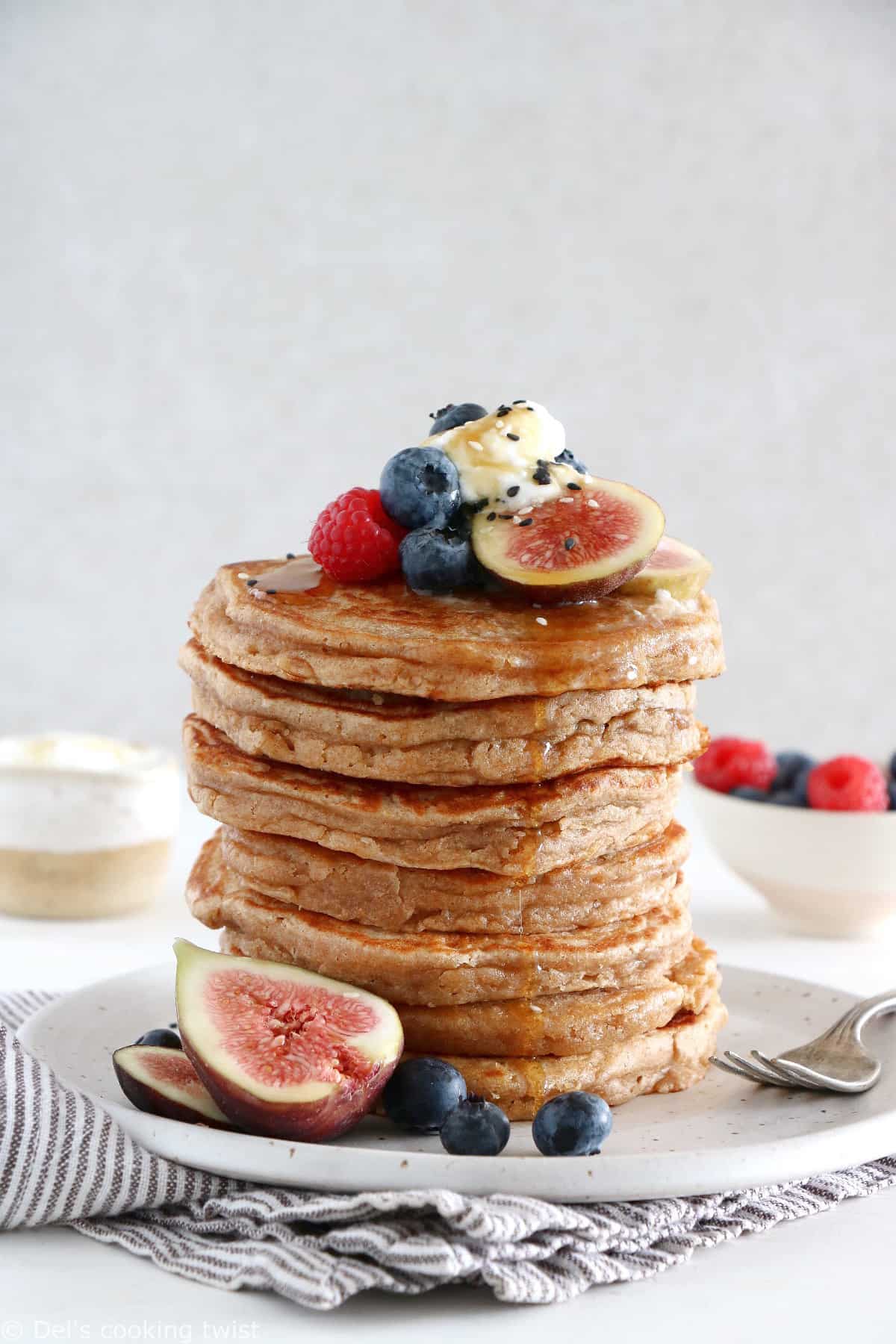 Wake up to a healthy breakfast with these whole wheat pancakes. Prepared with just a handful of simple ingredients, these pancakes are super fluffy, extra thick, and perfectly moist, with a subtle nutty flavor.