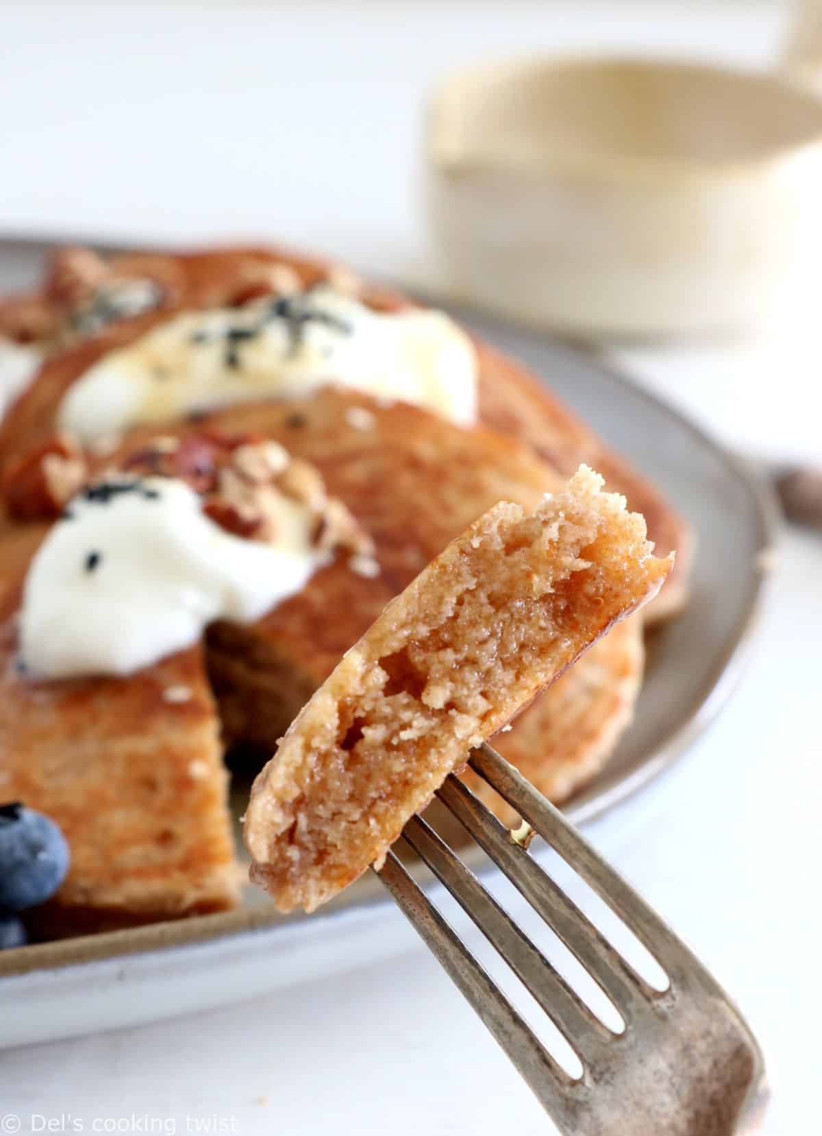 Wake up to a healthy breakfast with these whole wheat pancakes. Prepared with just a handful of simple ingredients, these pancakes are super fluffy, extra thick, and perfectly moist, with a subtle nutty flavor.