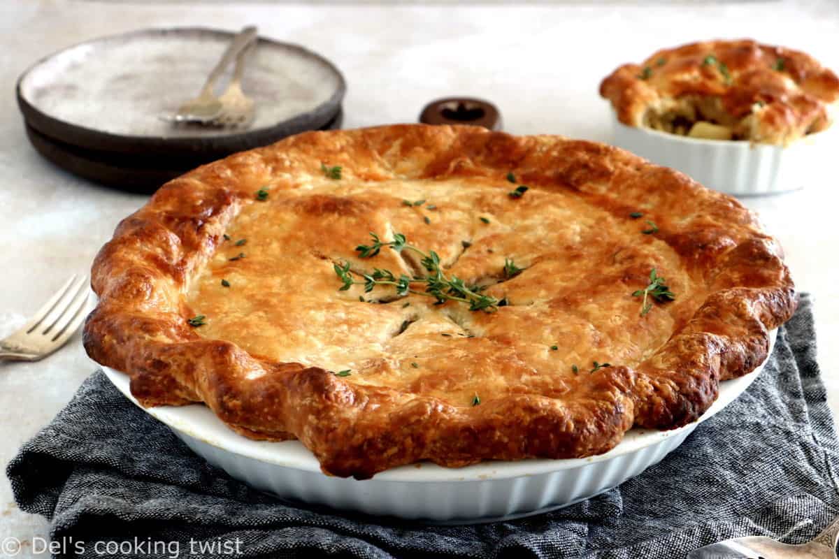 A rustic vegetarian pot pie loaded with hearty veggies coated in a creamy gravy, and tucked in between two crunchy flaky pie crusts.