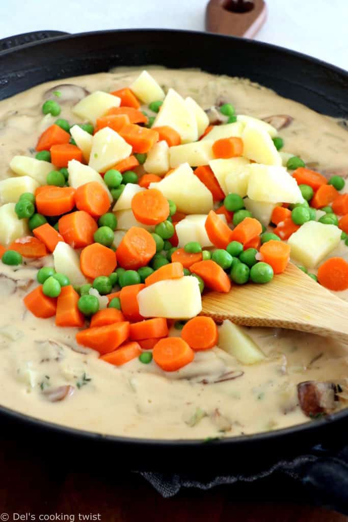 A rustic vegetarian pot pie loaded with hearty veggies coated in a creamy gravy, and tucked in between two crunchy flaky pie crusts.