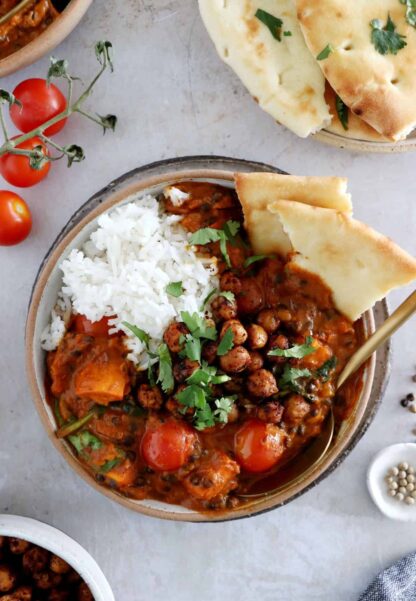 This lentil, chickpea and sweet potato curry is vegan, gluten-free, and a makes a great healthy weeknight meal.