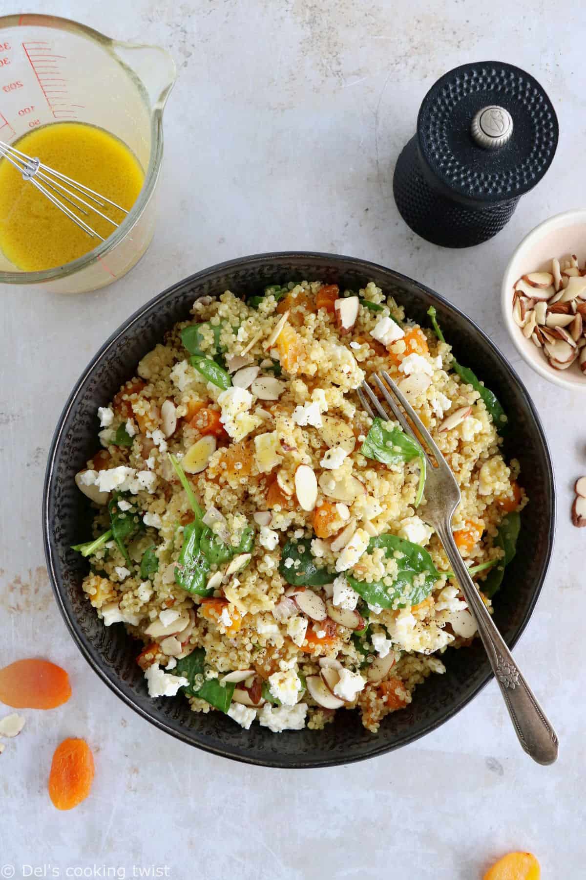 Up your salad game with this apricot and feta quinoa salad, tossed in a lemon curry dressing. Loaded with sweet and savory flavors, this vegetarian salad is also very nutritious and naturally gluten-free.