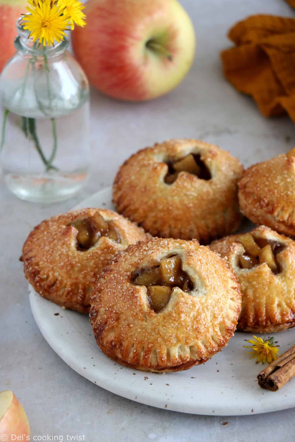 Apple hand pies are like apple pie in individual portions. They feature a sweet apple cinnamon filling inside an irresistible flaky crust.