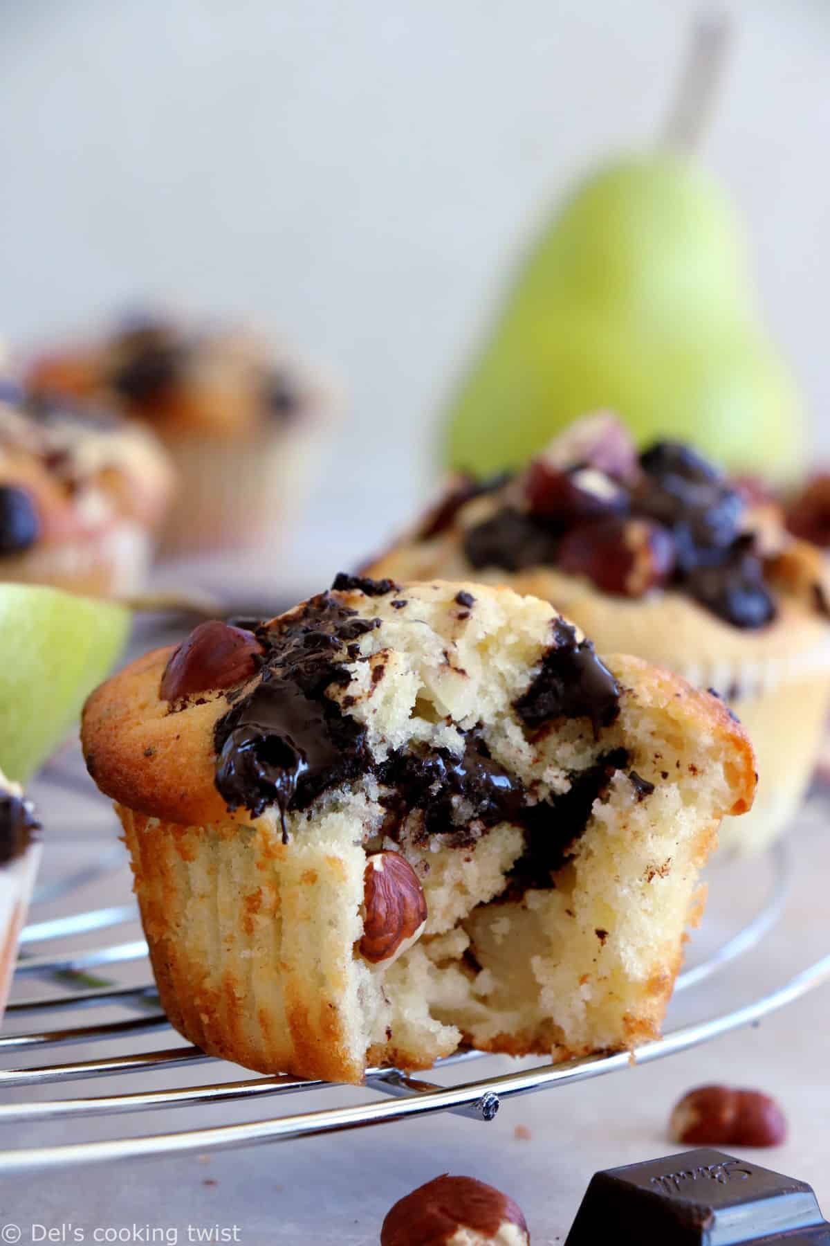 Hazelnut pear and chocolate chip muffins make a fantastic fall treat for an afternoon tea. They are loaded with dark chocolate chunks, juicy pears, and hazelnuts for an irresistible crunchy bite.