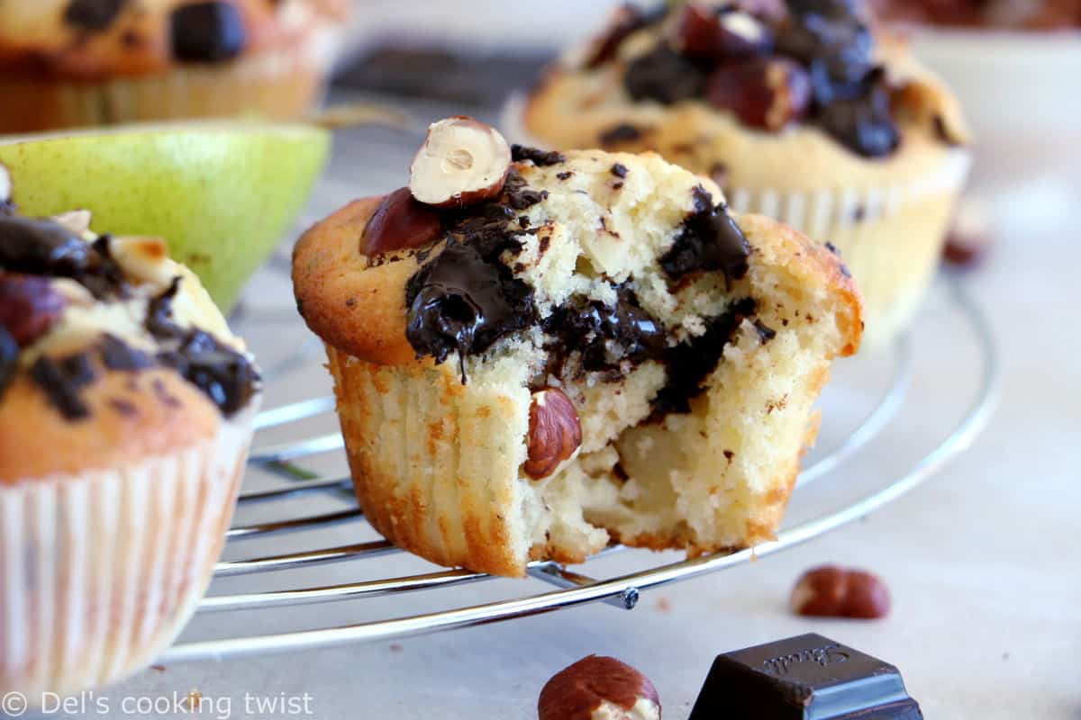 Hazelnut pear and chocolate chip muffins make a fantastic fall treat for an afternoon tea. They are loaded with dark chocolate chunks, juicy pears, and hazelnuts for an irresistible crunchy bite.