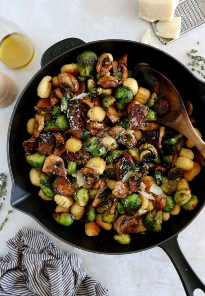 Mushrooms and Brussels sprouts gnocchi feature some crispy maple roasted Brussels sprouts, combined with garlic brown butter pan-fried gnocchi.