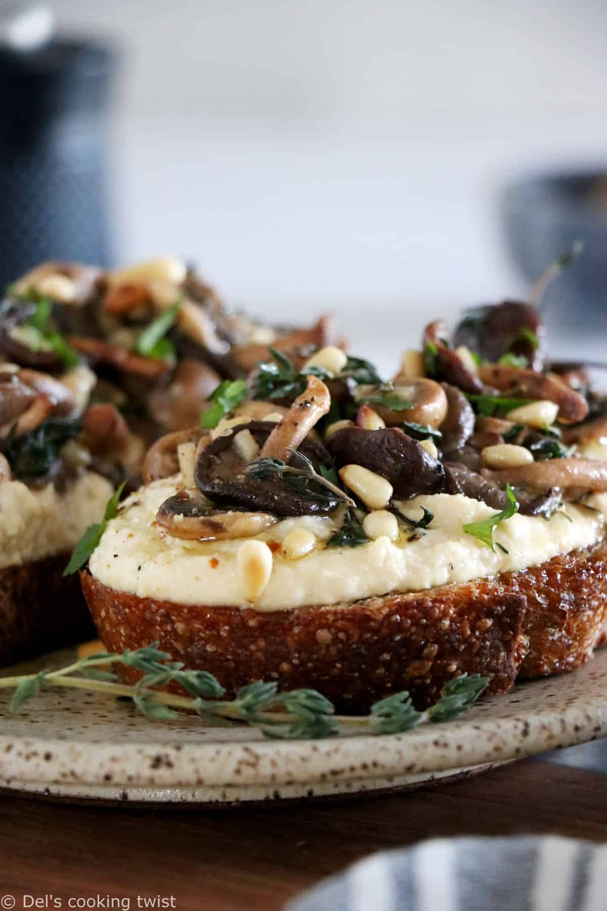 Garlic Mushroom Toast with Hummus makes a simple, healthy savory snack, loaded with fall flavors.