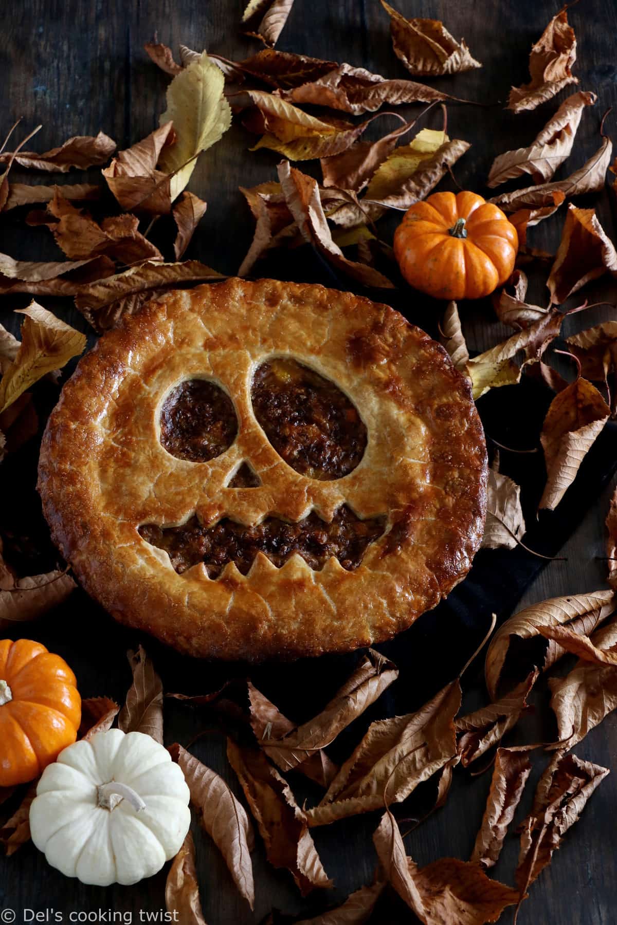 This frightful Jack-O'-Lantern vegetarian pot pie is a comforting main course that will make a great centerpiece at your Halloween dinner table. 