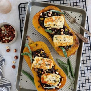 Lentil stuffed butternut squash with halloumi is a simple recipe, healthy, gluten-free, and very satisfying.