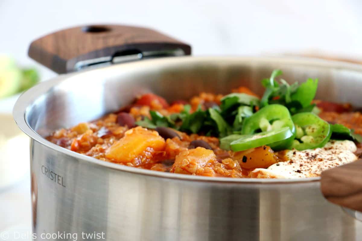 This vegetarian butternut squash quinoa chili is hearty, healthy and very satisfying. It features chunks of butternut squash, black beans, and quinoa for some additional texture.