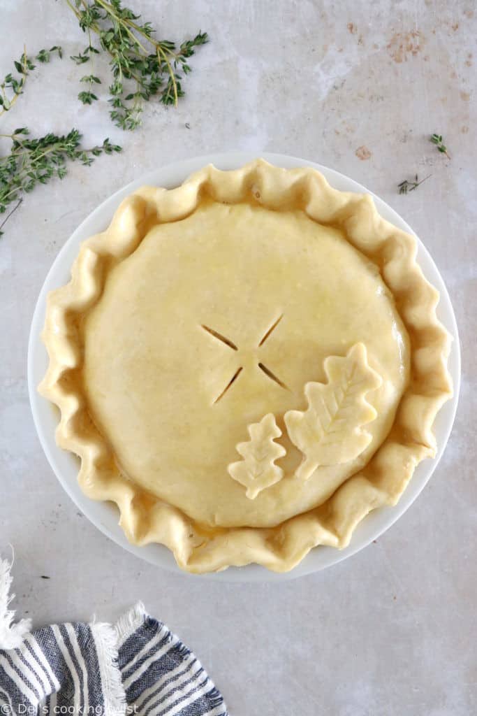 This butternut squash and lentil pot pie is prepared with a hearty and creamy vegetable filling, tucked into two homemade pie crusts.