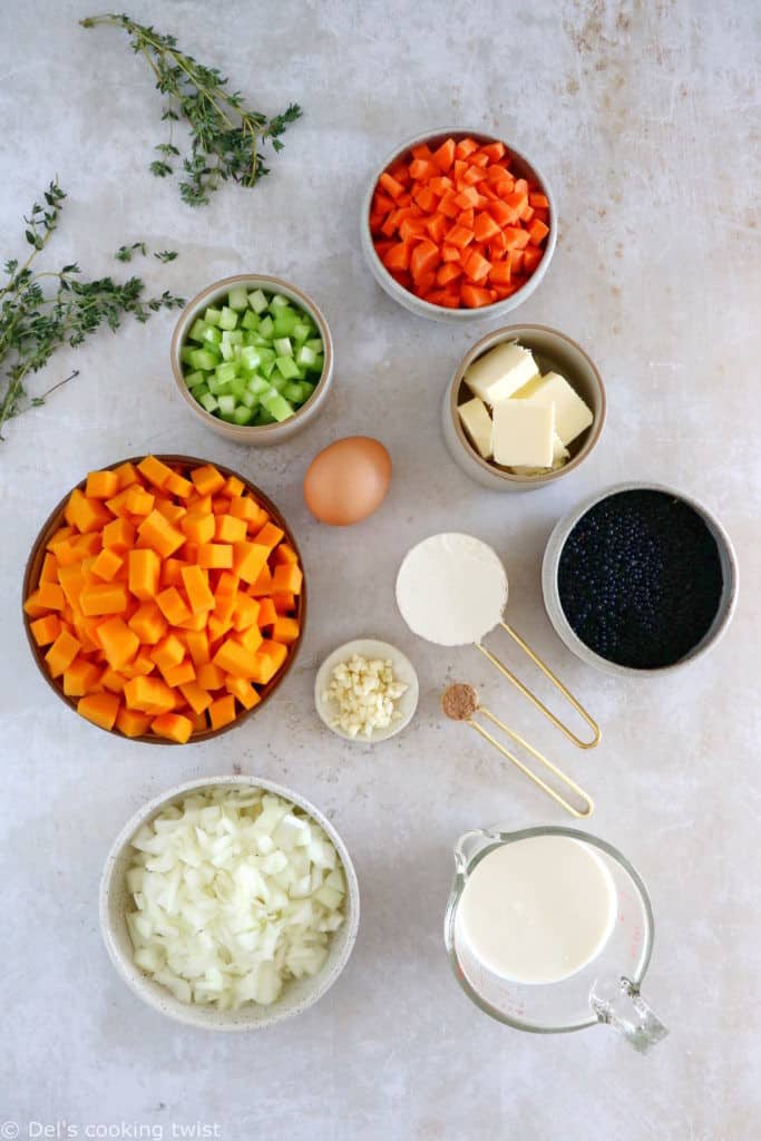 This butternut squash and lentil pot pie is prepared with a hearty and creamy vegetable filling, tucked into two homemade pie crusts.