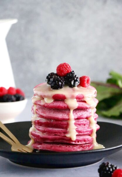 Pink beet pancakes are fluffy, vibrant in color, and make a delicious and super fun breakfast for kids or for Valentine's Day!