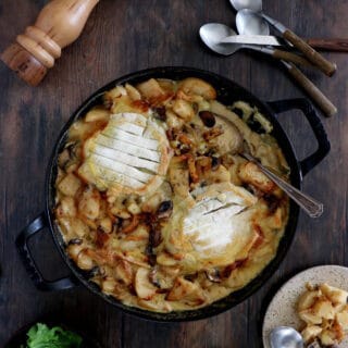 Vegetarian tartiflette is inspired from the traditional French recipe made of potatoes, reblochon cheese and onions. In this vegetarian version, the lardons are replaced with smoked tofu and mushrooms.