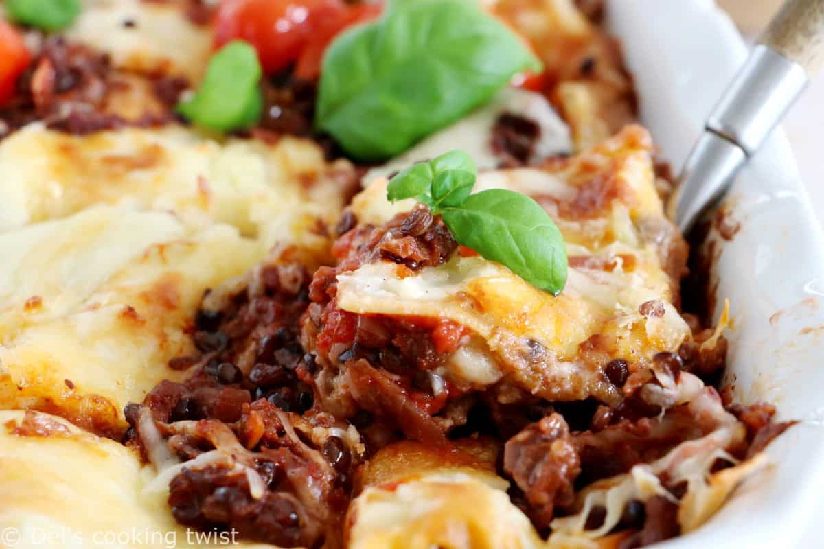 Vegetarian bolognese lasagna feature layers of slow-cooked lentil ragù, pasta sheets and creamy bechamel sauce, all baked to a golden-brown perfection.