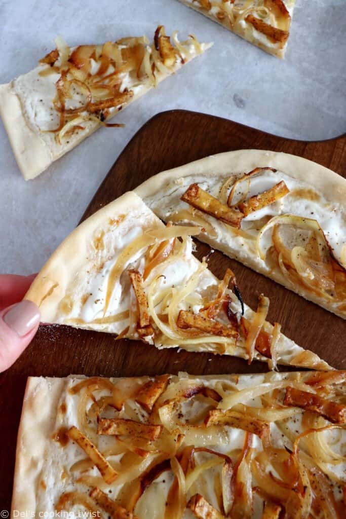 Vegetarian flammekueche is a spin on the traditional dish originated from Alsace, here prepared with smoked tofu.