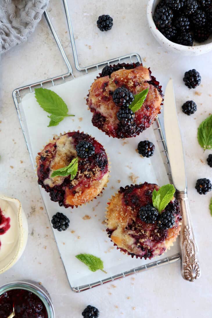 Ces muffins aux mûres sont incroyablement moelleux et renferment des couches marbrées à la confiture de mûre (maison).