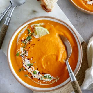 This luscious ginger carrot soup with lime is healthy, comforting, with a subtle and refreshing spicy kick.