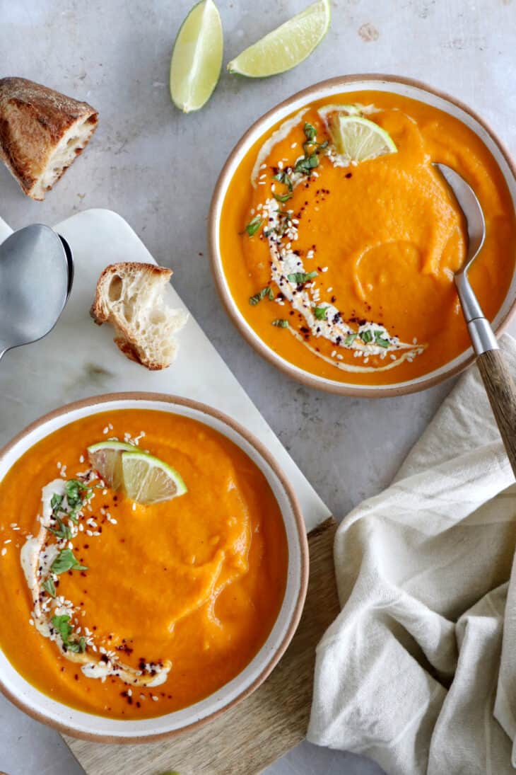 This luscious ginger carrot soup with lime is healthy, comforting, with a subtle and refreshing spicy kick.