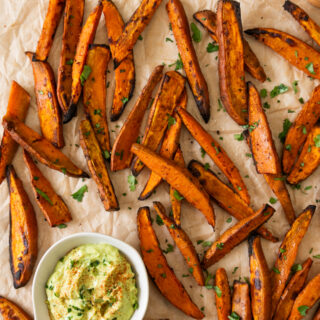 Sweet potato fries are so addictive! Crispy and slightly charred on the edges, they make a great side or snack to enjoy with an avocado dip.